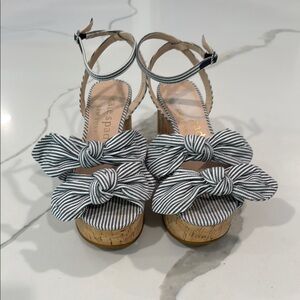 Kate Spade Blue and White Wedge Sandals with Striped Bow